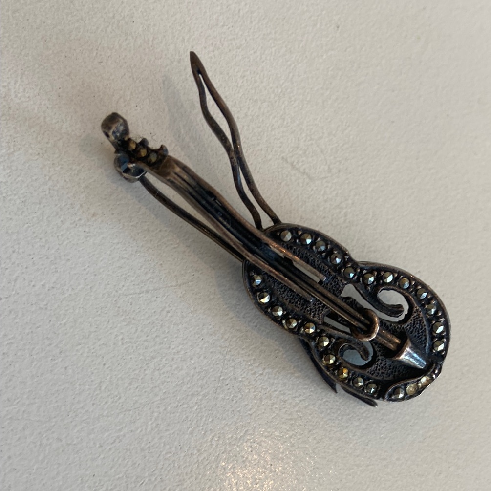 925 Sterling Silver & Marcasite Violin / Cello / String Instrument Pin